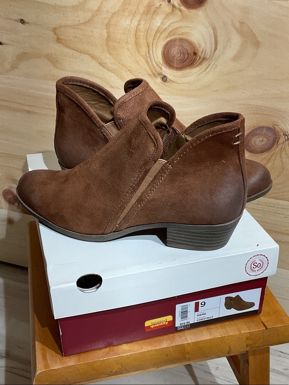 NWT SO Chestnut Brown faux Suede Ankle Booties new in box